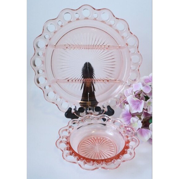 2 Pink Depression Glass Open Lace Old Colony Divided Plate & Cereal Bowl Anchor - Picture 1 of 5